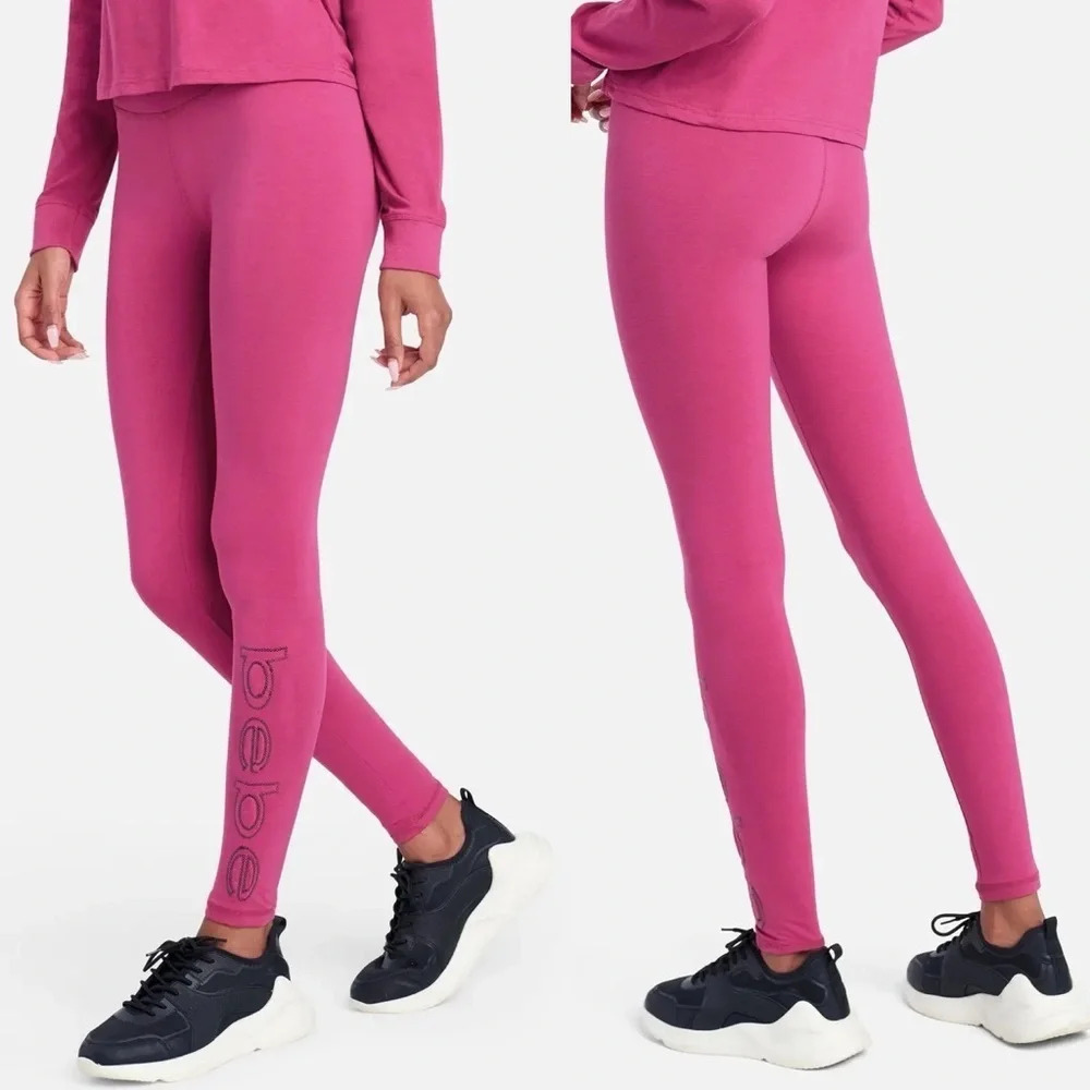 Bebe Sport Sequin Logo Leggings Size XL Festival Fuschia Pink Ankle Length